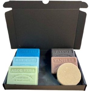 zeep set savon de marseille aloë vera, fleur de lotus, fleur de lys, Pavot, Vanille + Shampoo bar
