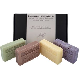 Kado set met 4 verschillende zeep, Aloë vera, Musc, Cologne, Lavendel scrub