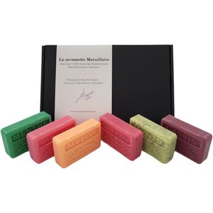 Savon de Marseille cadeau zeep set Fruit de la passion, Meloen, Menthe, Mojito, Vigne rouge, Casis 6x125 gr.
