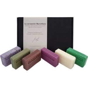 6x Savon de Marseille zeep set Patchouli, Chevrefeuille, Lavendel scrub, Vanille, Huile d'olive, Menthe