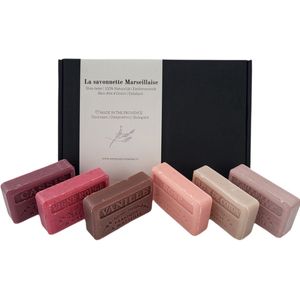 Savon de Marseille cadeau zeep set Casis, Vigne Rouge, Vanille, Fleur de coton, Unicorn, Rose 6x125 gr. Moederdag - Mama - Moedercadeau - moederdag geschenkset