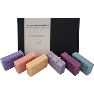 Savon de Marseille cadeau zeep set Lavendel, Rose, Jasmin, Lavandel scrub, Patchouli, Marine 6x125 gr. - moederdag - giftset - zeepcadeau