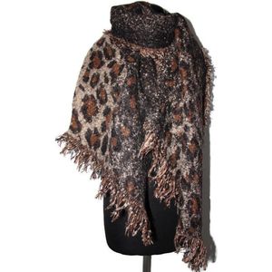 Warme luipaard print dames sjaal in bruin zwart camel acryl herfst winter - ca. 66 x 195 cm