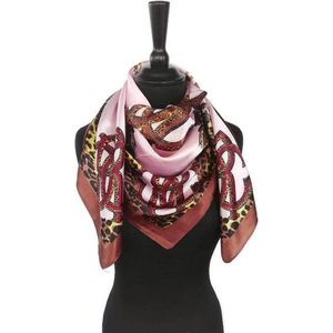 Vierkante roze dames sjaal luipaard zijdezacht satijn - 90 x 90 cm
