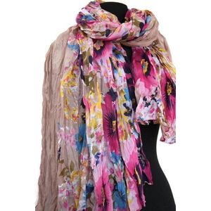 Dames sjaal met bloemen - gekreukt viscose - zand - roze - turquoise - blauw - geel - 110 x 180 cm