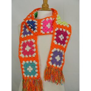 Handgemaakte (kinder) sjaal in neon-oranje / multicolor met gekleurde franjes gehaakte sjaal