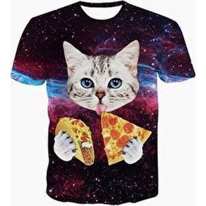 Pizza en taco kat Festival shirt - Maat: S - Crew neck - Feestkleding - Festival Outfit - Fout Feest - T-shirt voor festivals - Rave party kleding - Rave outfit - Kattenshirt - Nineties
