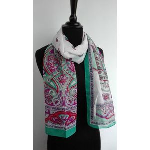 Dames sjaal - chiffon - turkoois - zacht groen - wit - paisley motieven - 50 x 150 cm