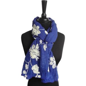 Dames sjaal - katoen - polyester - borduurwerk - geborduurd - koningsblauw - bloemen - 70 x 175 cm