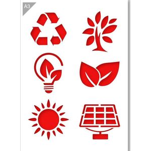 Milieu symbolen sjabloon - Recycle, boom, groene energie, blad, zonne-panelen - Kunststof A3 stencil - Kindvriendelijk sjabloon geschikt voor graffiti, airbrush, schilderen, muren, meubilair, taarten en andere doeleinden