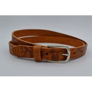 dames riem met krokodillenprint ✓ 2cm brede dames riem met ronde oud-zilveren gesp ✓ cognac leren dames riem taillemaat 85