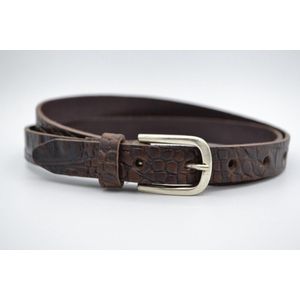 dames riem met krokodillenprint ✓ 2cm brede dames riem met ronde oud-zilveren gesp ✓ bruin leren dames riem taillemaat 85