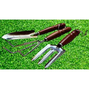 Set van 3 Tuinwerktuigen: Schep + Mini-vork + Klauw, Massieve tuinwerktuigen, handvat van teak met vernis * Handgemaakt *