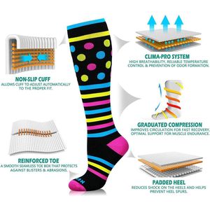 Compressie kousen zwart roze geel blauw