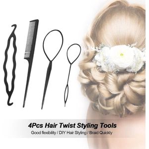 Haar style hulpstukken | Styling tool haarclip |  Donut Bun Knot maker | Lus invlecht | Puntkam | Set van 4 stuks | Zwart