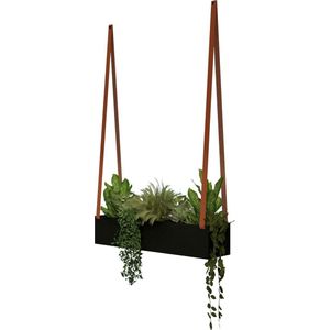 Hangende stalen plantenbak - aan leren banden | Leren banden: COGNAC / Staal: Zwart (plantenbak - plantenbak binnen - plantenpot - planten aan wand - muur plantenbak)