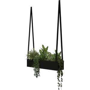 Hangende stalen plantenbak - aan leren banden | Leren banden: ZWART / Staal: Zwart (plantenbak - plantenbak binnen - plantenpot - planten aan wand - muur plantenbak)