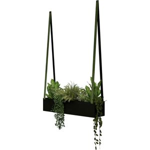 Hangende stalen plantenbak - aan leren banden | Leren banden: KAKI / Staal: Zwart (plantenbak - plantenbak binnen - plantenpot - planten aan wand - muur plantenbak)