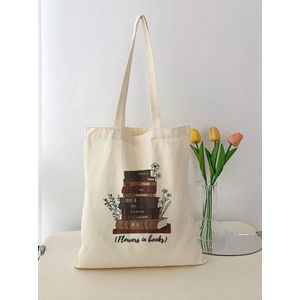 TOTE BAG - Boodschappentas met boek en bloemenpatroon - Boodschappentas - Tote Bag - Polyester - Duurzaam - Handig - Stijlvol - Schouderband