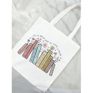 TOTE BAG - Boodschappentas met boek en bloemmotief - Boodschappentas - Tote Bag - Katoen - Duurzaam - Handig - Stijlvol - Schouderophangend