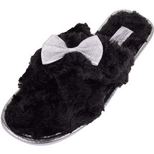Absolute Footwear Samantha, Womens Slip On Faux Fur Slipper Sliders met Boog Ontwerp, Zwart, 37/38 EU