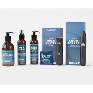 BALZY Perfect Package - Complete Grooming Set - Geschenkset Mannen - Bodygroomer Mannen - Neustrimmer en Oortrimmer - Douchegel 250 ml - Zeep voor Billen & Ballen 150 ml - Spray voor Intieme Delen 150 ml - Toilettas Heren