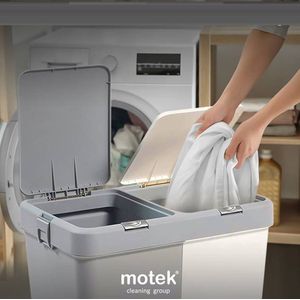 Motek® - Wasmand - 2 Vakken met Deksel - Met Touch Deksel - Gemaakt van 100% gerecycled kunststof - 80 L - wasmand met deksel - Wassorteerder - Grijs - Wit
