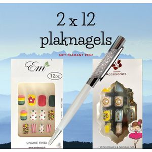 Plaknagels Duoset | 2 x 12 Valse Nagels | Met Diamant Pen | Geen Lijm Nodig | Regenboog