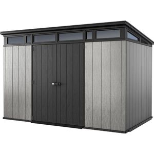 <p>De duurzame Keter Artisan 117 DUOTECH schuur combineert stijl en gemak. Hij is een handige opbergoplossing voor in de tuin. De natuurlijke hout-look en het weerbestendige polyresin maken de berging perfect voor buitengebruik.</p>
<p>Deze tuinschuur heeft veel inhoud en biedt voldoende ruimte om fietsen, gereedschap en/of tuinmeubelen op te bergen. De gebruikte DUOTECH materialen zijn overschilderbaar en doorboorbaar, zodat je de kleur kunt afstemmen op je buitenruimte.</p>
<p>Hij heeft een robuuste vloer, eenvoudig toegankelijke dubbele deuren, ramen en een vergrendelsysteem voor extra veiligheid (hangslot niet inbegrepen). Een opbergschuur van DUOTECH materiaal biedt een geheel nieuw niveau van duurzaamheid en functionaliteit.</p>
<p>De box heeft een natuurlijke uitstraling en is onderhoudsvrij. Hij is dus perfect voor buiten en is zeer duurzaam!</p>
<ul>
  <li>Kleur: bruingrijs</li>
  <li>Materiaal: kunststof</li>
  <li>Afmetingen: 340 x 218 x 226 cm (B x D x H)</li>
  <li>Uniek DUOTECH uv-bestendig materiaal</li>
  <li>Vloerpaneel beschermt tegen modder en regenwater</li>
  <li>Dak is bestand tegen sneeuwbelasting tot 150 kg/m²</li>
  <li>Met ventilatie om geurvorming te voorkomen</li>
  <li>Stalen versterkingen</li>
  <li>Hoog plafond</li>
  <li>Afsluitbaar (hangslot niet inbegrepen)</li>
  <li>Met ramen en dubbele deur</li>
</ul>
<p>Voordelen van het DUOTECH materiaal:</p>
<ul>
  <li>Natuurlijke uitstraling</li>
  <li>Dubbelwandige constructie</li>
  <li>Onderhoudsvrij</li>
  <li>Eenvoudig te monteren, geen speciaal gereedschap nodig</li>
  <li>Overschilderbaar, dus eenvoudig te personaliseren</li>
  <li>Makkelijk schoon te houden</li>
  <li>Weerbestendig</li>
</ul>