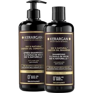 Kerargan - Anti-Haaruitval Duo Shampoo & Conditioner met Ricinusolie voor Droog, Breekbaar, Levensloos Haar - Bevordert de Groei - Zonder Sulfaten, Siliconen, GMO - 2x500 ml