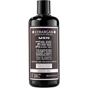 Kerargan - Versterkende 3-in-1 Shampoo met Hennepolie - Versterkt Haar, Baard en Lichaam - Revitaliseert, Voedt - Voor Droge Huid en Haar - Zonder Sulfaat, GMO, Siliconen, Minerale Olie - 500ml