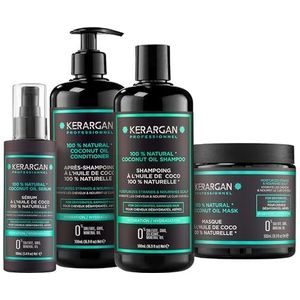 Kerargan - Hydraterend Pakket Shampoo, Conditioner, Masker & Serum met Kokosolie - Complete Verzorging voor Uitgedroogd, Beschadigd Haar - Zonder Sulfaat, GMO, Siliconen - 3x500 ml + 100ml
