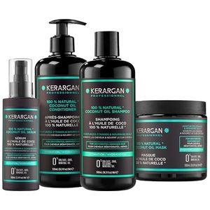 Kerargan - Hydraterende set shampoo, conditioner, masker en serum met kokosolie – complete verzorging voor gedehydrateerd, beschadigd haar – zonder sulfaat, GMO, siliconen – 3 x 500 ml + 100 ml