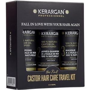 Kerargan - Castor Hair Care Travel Kit, haarverzorgingsset met ricinusolie - Bevordert haargroei, tegen uitval - Droog, beschadigd en futloos haar - Zonder sulfaat, parabenen of siliconen - 3 x 100 ml