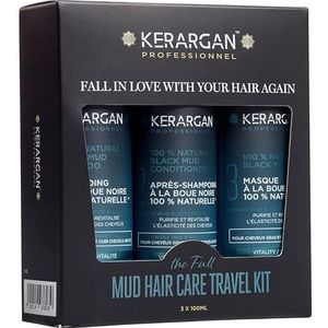 Kerargan - Mud Hair Care Travel Kit, haarverzorgingsset met zwarte modder uit de Dode Zee voor vet haar en een geïrriteerde hoofdhuid - Shampoo, conditioner, masker - Zonder sulfaat, GGO - 3 x 100 ml
