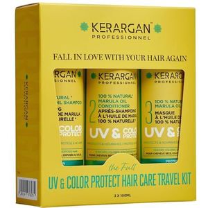 Kerargan - Kit Viaje UV & Color con Marula para Cabello Seco/Teñido - Champú, Acondicionador, Mascarilla - Sin Sulfatos, OMG, Aceite Mineral - 3x100ml