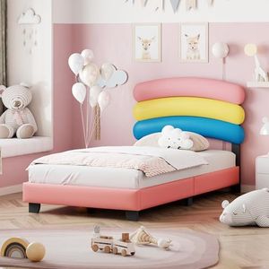 nycsuoani Kinderbed, gestoffeerd bed, 90 x 200 cm, regenboogvorm, PU-leer, roze