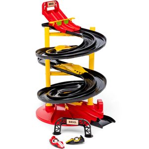BRIO racetrack tower met two racing cars, speelgoed vehicle