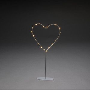 Konstsmide LED metalen hart met metalen voet, zilverkleurig gelakt, omwikkeld met zilverkleurige draad, 6-uurs timer, 20 amberkleurige diodes, werkt op batterijen, binnen, transparante kabel -