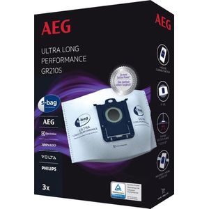 AEG GR210S s-bag Ultra Long Performance stofzuigerzak (3 XXL synthetische stofzakken voor permanent hoge zuigkracht, optimale filtratie, hygiënesluiting, 5 liter volume, wit)