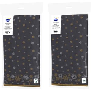 Kerst thema tafellaken/tafelkleed zwart met sneeuwvlokken 138 x 220 cm - Kerstdiner tafeldecoratie