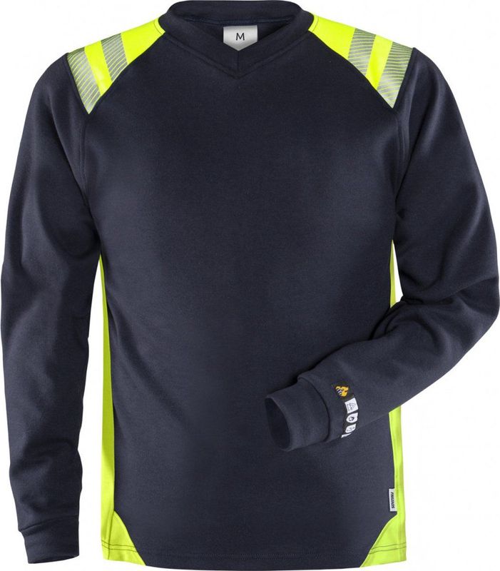 Fristads - Flamestat T-Shirt Lange Mouwen - Marineblauw/hi-vis geel - V-hals - 54% modacryl, 44% katoen, 2% antistatische vezels