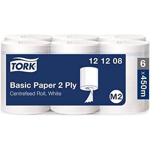 Tork Basic Centerfeed Poetspapier Wit M2, Multifunctionele papieren handdoeken, 6 x 121,5 m, 121208
