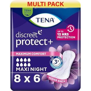 48 x TENA Discreet Maxi-night, incontinentie-inzetstukken voor vrouwen, 8 verpakkingen met 6 stuks, met gemiddelde tot zware blaaszwakte, speciaal voor bescherming 's nachts met bredere rug en extra