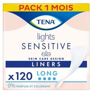 TENA Lights Protège-slips Longs Incontinence Femme - Pour Peaux Sensibles - Protections Absorbantes pour Fuites Urinaires Légères - 120 Protège-slips (Pack 1 mois)