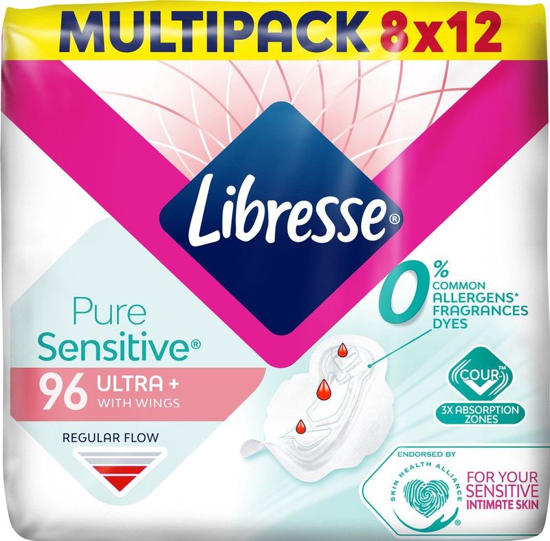 Libresse Pure Sensitive Ultra + Wing - Maandverband met vleugels - Voordeelverpakking 96 stuks