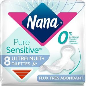 Nana PureSensitive Ultra Nacht Plus Hygiëneservetten voor 's nachts, zeer absorberend, 0% allergen*, parfum, kleurstof, 8 servetten met vleugels