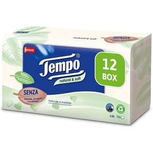 Tempo Tempo Zakdoeken Natural & Soft, 4-laags, machinebestendig, natuurlijke en zachte zakdoeken, zonder geur, kleurstoffen en allergenen, 12 verpakkingen met 70 wegwerpzakdoeken