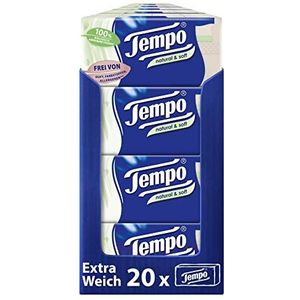 Tempo natural & soft zakdoeken, megapack, 20 verpakkingen met elk 12 pakjes x 9 doeken, natuurlijke, extra zachte papieren zakdoeken, wasmachinebestendig