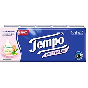 Tempo - Zakdoeken, 4-laags met aloë vera voor de gevoelige huid - 10 pakjes met elk 9 zakdoeken.